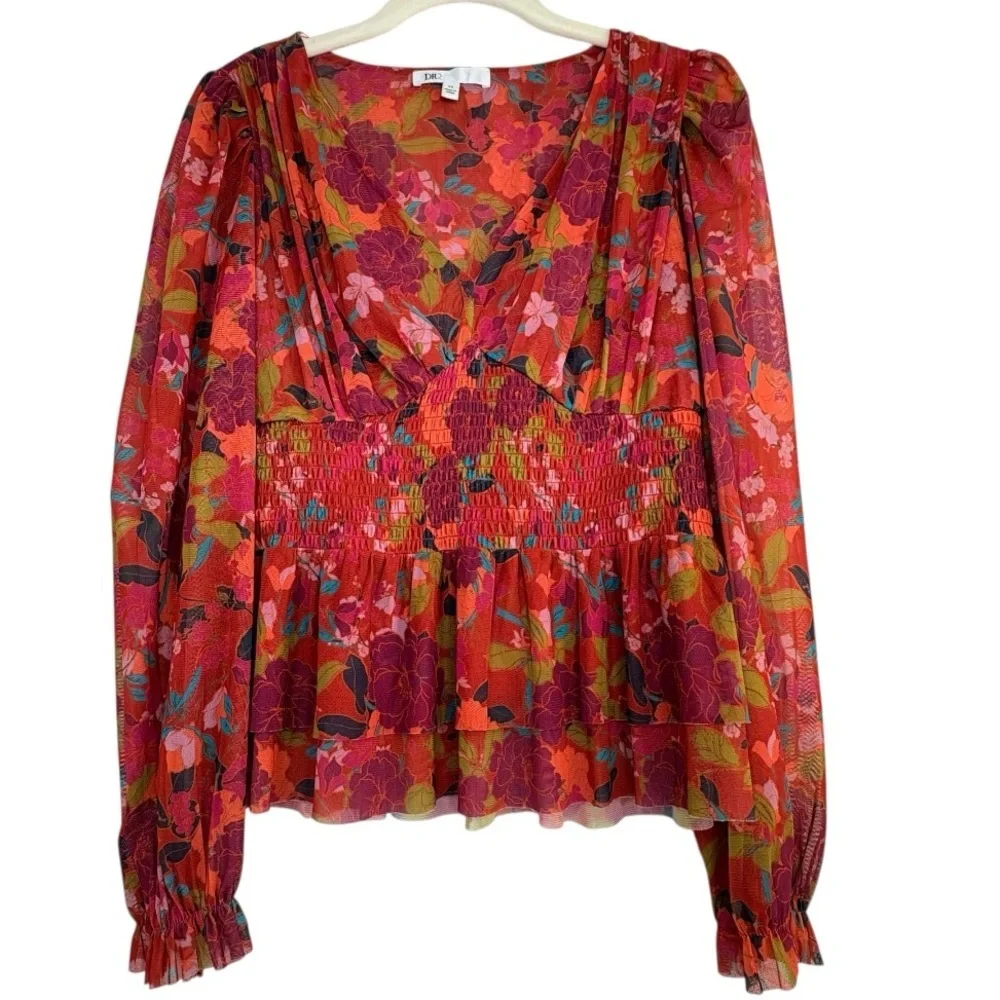 DR2 Daniel Rainn Mesh Floral Babydoll Top Sz. XS Orange Red Peplum Smocked Y2K - Picture 2 of 12